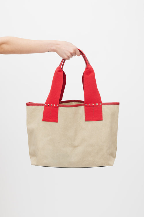 Valentino Beige Red & Multicolour Canvas Embellished Tote Bag