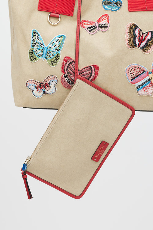 Valentino Beige Red & Multicolour Canvas Embellished Tote Bag