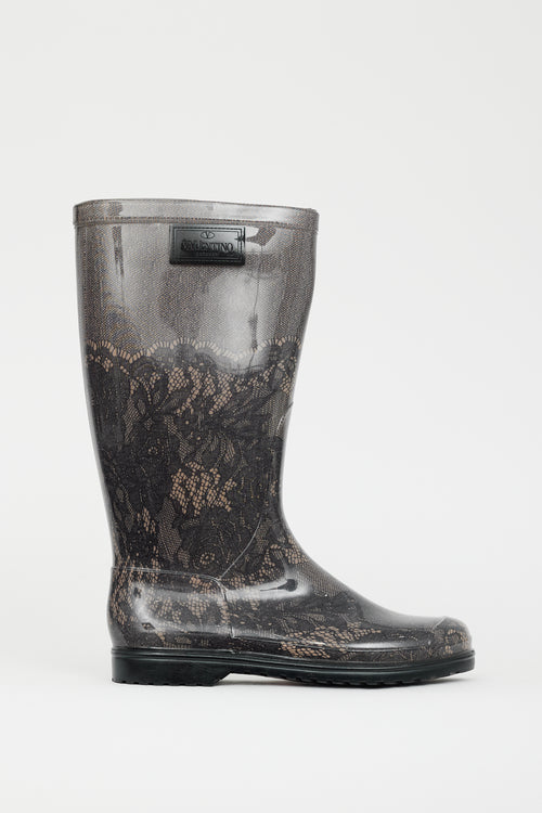 Valentino Black & Beige Lace Print Rubber Boot