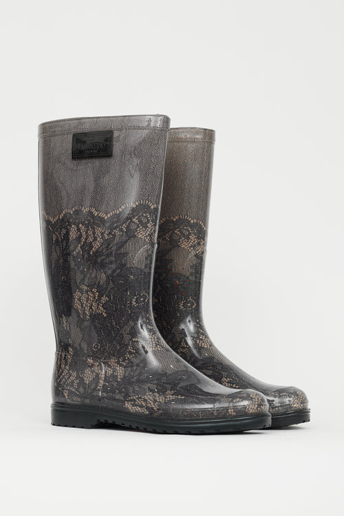 Valentino Black & Beige Lace Print Rubber Boot