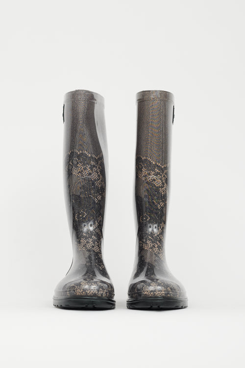 Valentino Black & Beige Lace Print Rubber Boot
