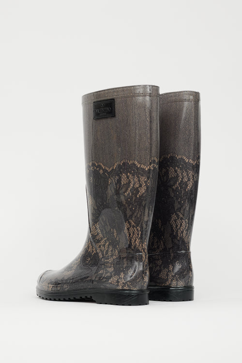 Valentino Black & Beige Lace Print Rubber Boot