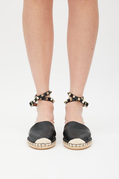 Valentino Black & Beige Rock Stud Espadrille Sandal