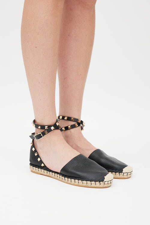 Valentino Black & Beige Rock Stud Espadrille Sandal