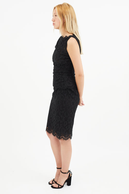 Valentino Black Eyelet Lace Ruched Top & Skirt Co-Ord Set