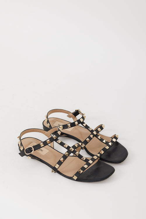 Valentino Black & Gold Leather Rockstud Caged Sandal