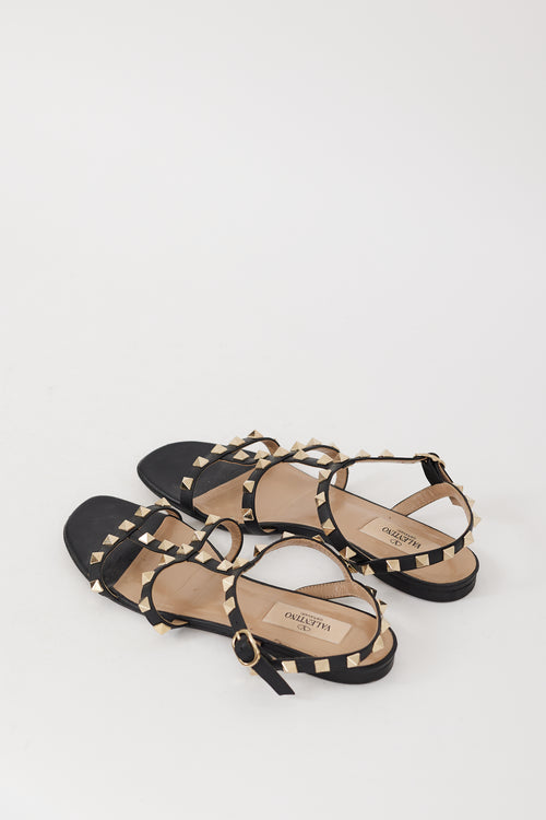 Valentino Black & Gold Leather Rockstud Caged Sandal