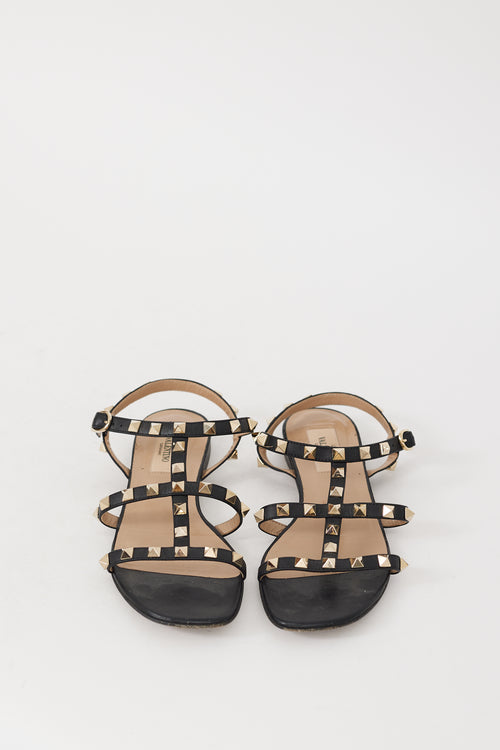 Valentino Black & Gold Leather Rockstud Caged Sandal