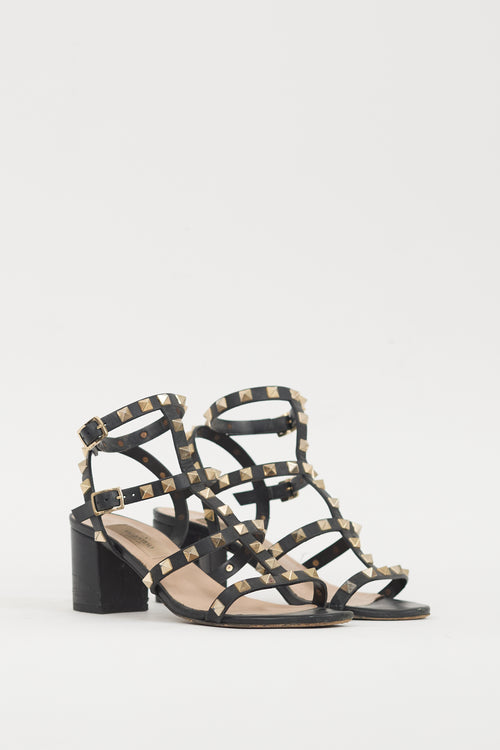 Valentino Black & Gold Leather Rockstud Sandal
