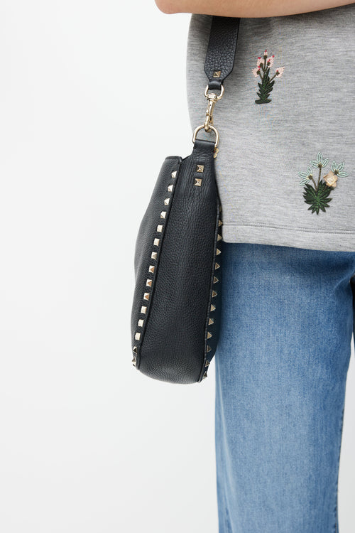 Valentino Black & Gold Rockstud Flip Lock Leather Bag
