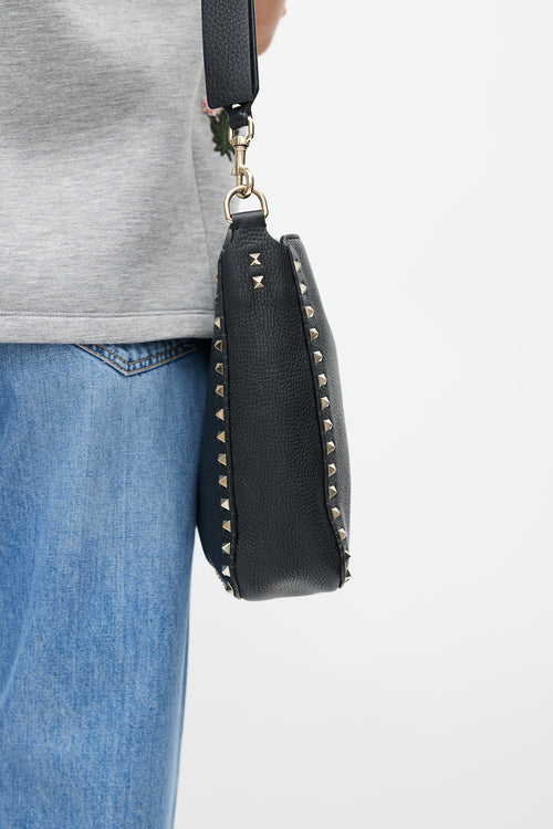 Valentino Black & Gold Rockstud Flip Lock Leather Bag