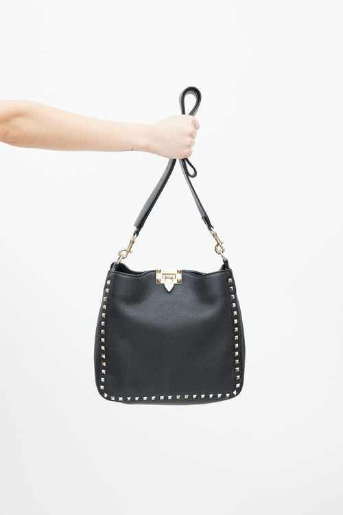 Valentino Black & Gold Rockstud Flip Lock Leather Bag