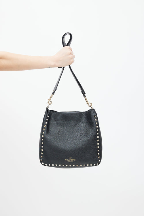 Valentino Black & Gold Rockstud Flip Lock Leather Bag