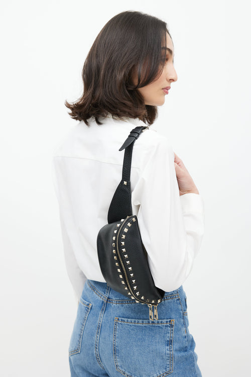 Valentino Black & Gold Rockstud Leather Belt Bag