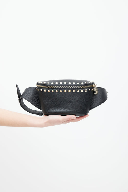 Valentino Black & Gold Rockstud Leather Belt Bag