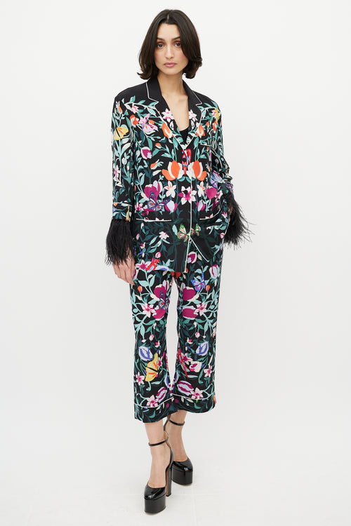 Valentino Black & Multi Silk Floral & Feather Set