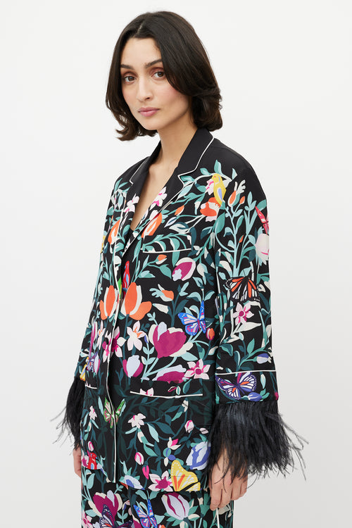 Valentino Black & Multi Silk Floral & Feather Set