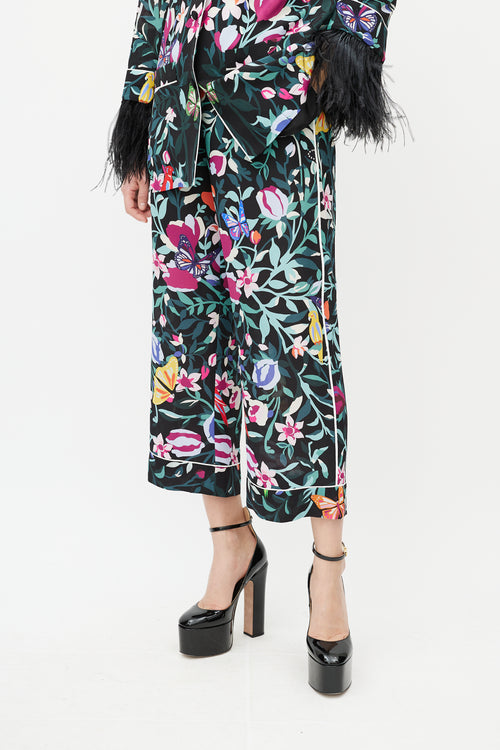 Valentino Black & Multi Silk Floral & Feather Set