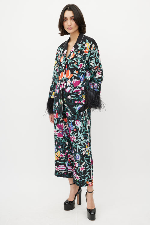 Valentino Black & Multi Silk Floral & Feather Set