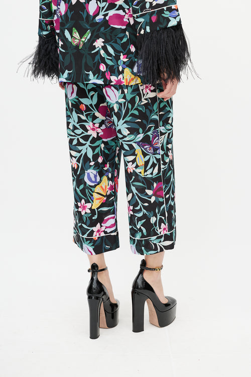 Valentino Black & Multi Silk Floral & Feather Set