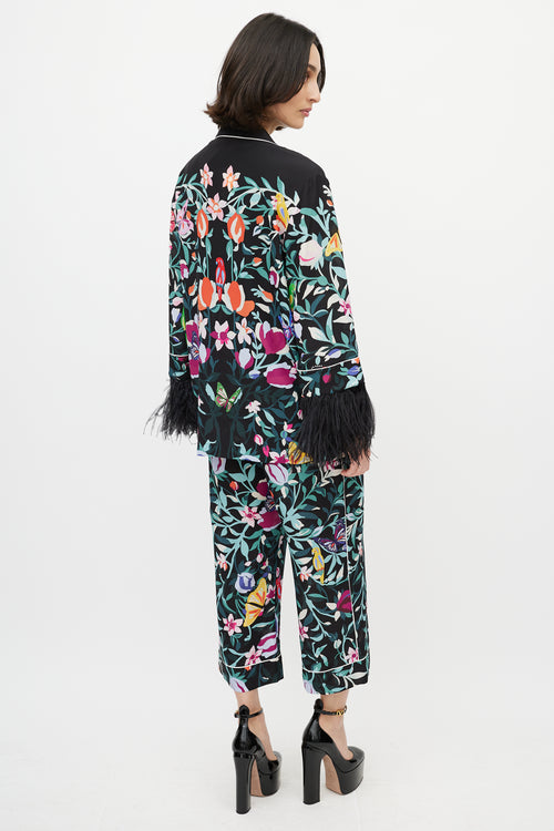 Valentino Black & Multi Silk Floral & Feather Set