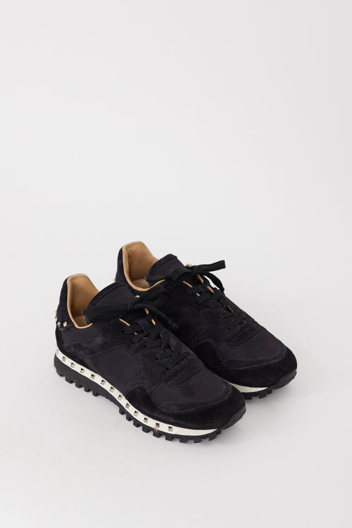 Valentino Black Nylon & Suede Studded Rockrunner Sneaker