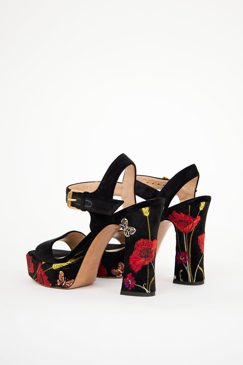 Valentino Black & Red Velvet Poppy Heeled Sandal