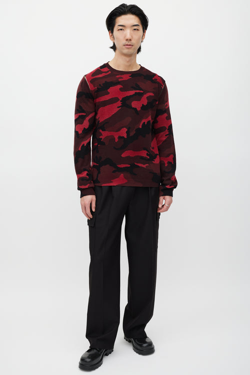 Valentino Black & Red Wool Knit Camo Sweater