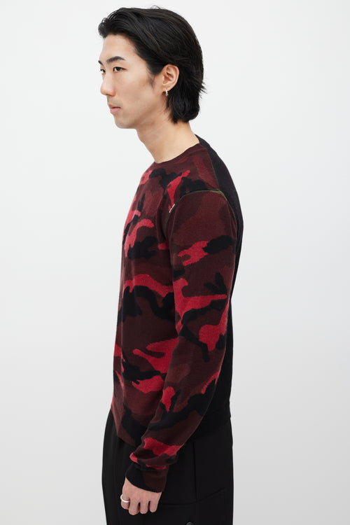 Valentino Black & Red Wool Knit Camo Sweater