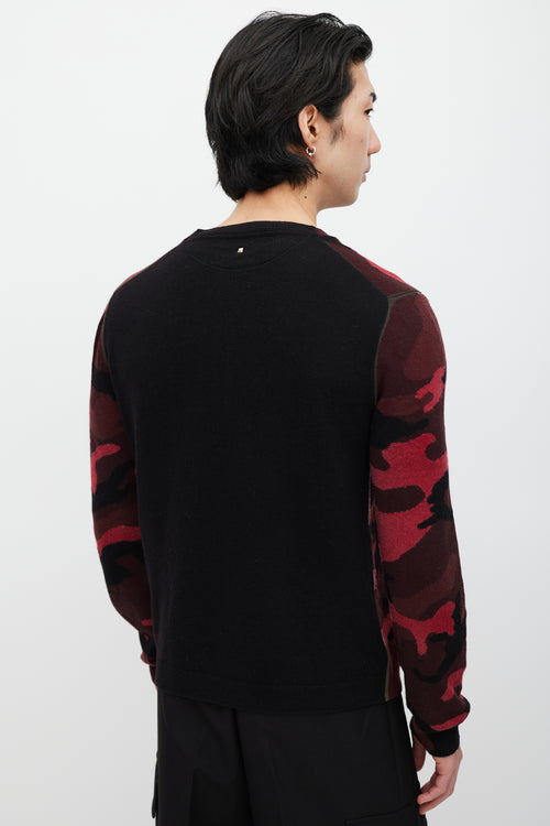 Valentino Black & Red Wool Knit Camo Sweater