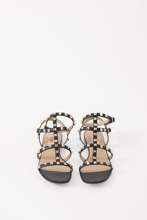 Valentino Black & Gold Rockstud Caged Sandal