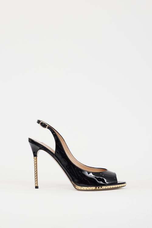 Valentino Black & Gold Patent Leather Rockstud Heel