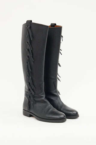Valentino Black Leather Fringe Riding Boot