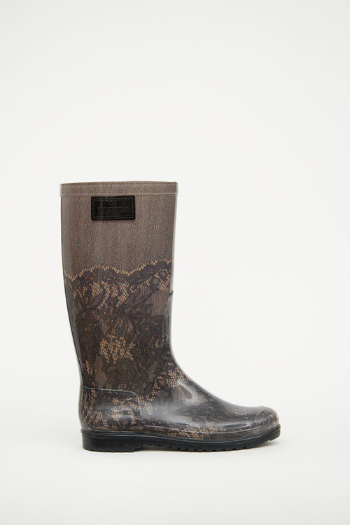 Valentino Black & Beige Lace Print Rain Boot