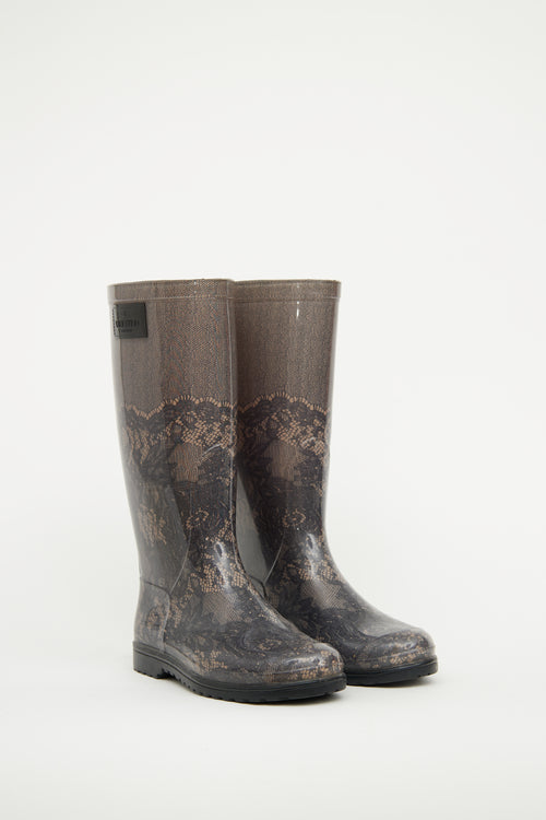 Valentino Black & Beige Lace Print Rain Boot
