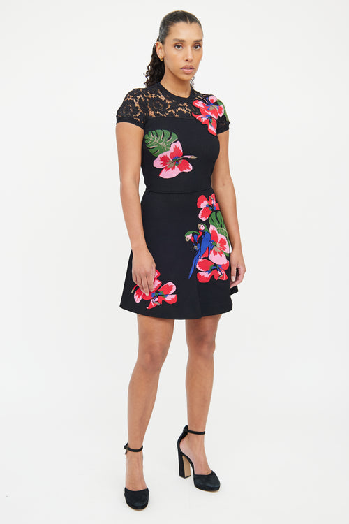 Valentino Black & Pink Floral Lace Dress