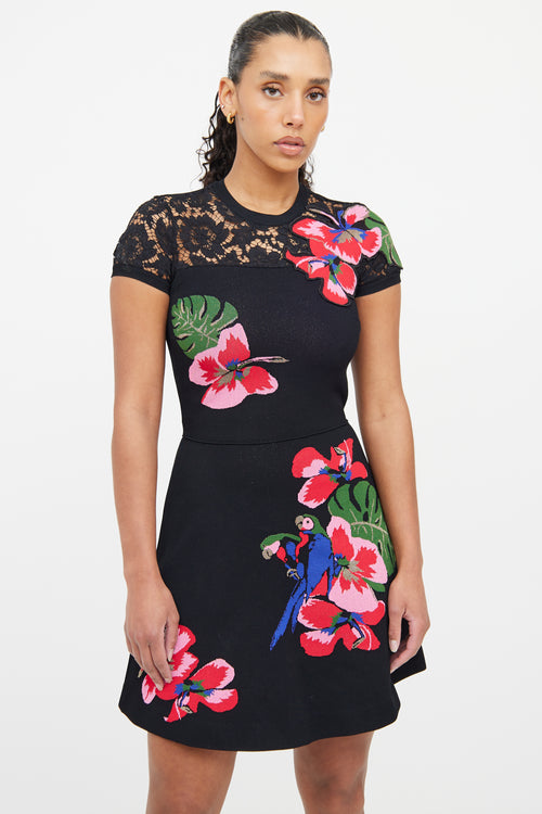 Valentino Black & Pink Floral Lace Dress