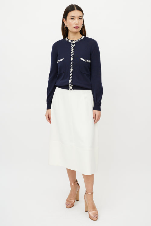 Valentino Blue & White Two Pocket Striped Trim Cardigan