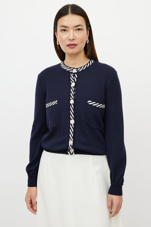 Valentino Blue & White Two Pocket Striped Trim Cardigan
