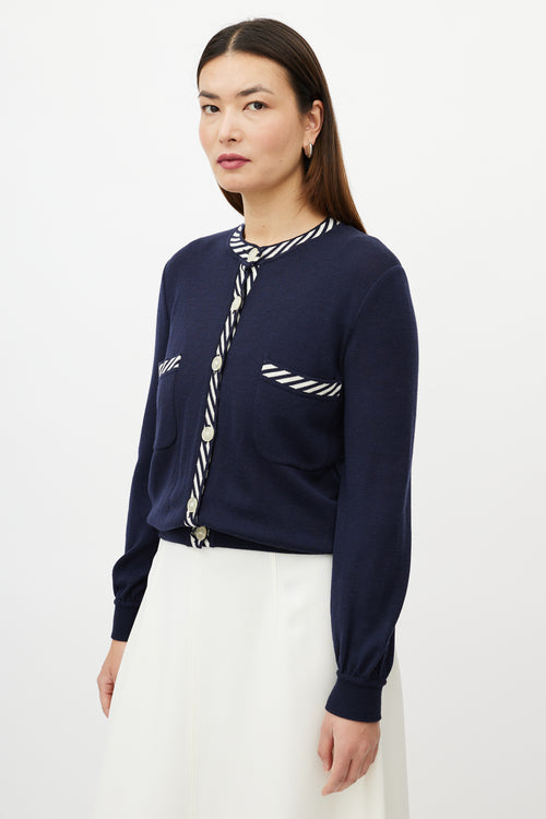 Valentino Blue & White Two Pocket Striped Trim Cardigan