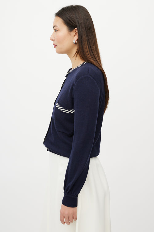 Valentino Blue & White Two Pocket Striped Trim Cardigan
