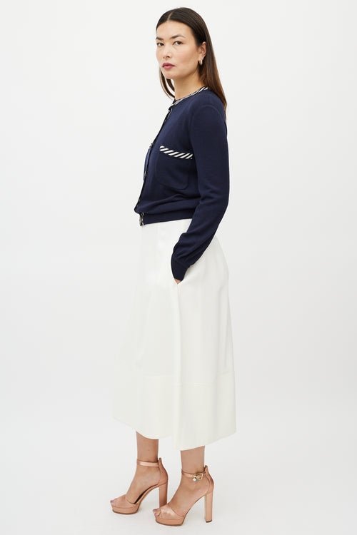 Valentino Blue & White Two Pocket Striped Trim Cardigan