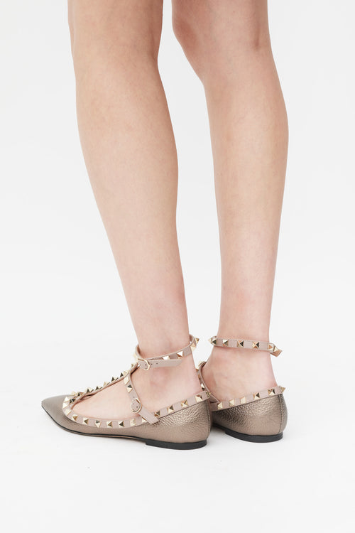 Valentino Brown & Pink Metallic Leather Rockstud Caged Ballet Flat