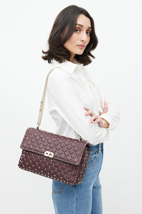Valentino Burgundy & Gold Rockstud Quilted Leather Bag
