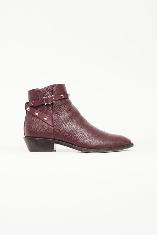 Valentino Burgundy Leather & Rockstud Ankle Boot