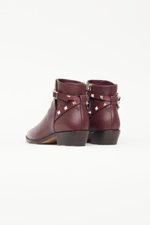 Valentino Burgundy Leather & Rockstud Ankle Boot