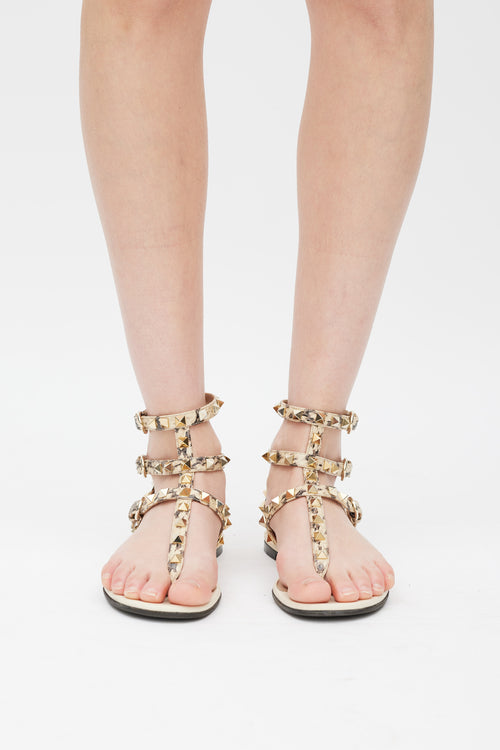 Valentino Cream & Grey Textured Leather Rockstud Caged Sandal