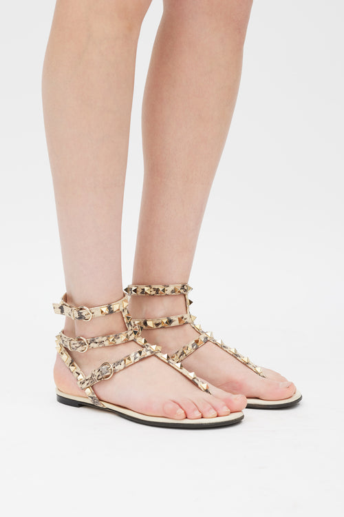Valentino Cream & Grey Textured Leather Rockstud Caged Sandal