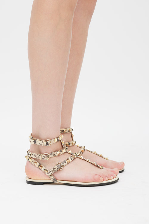 Valentino Cream & Grey Textured Leather Rockstud Caged Sandal
