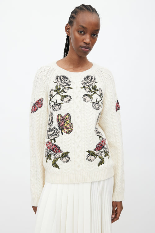 Valentino Cream & Multicolour Floral Cableknit Sweater